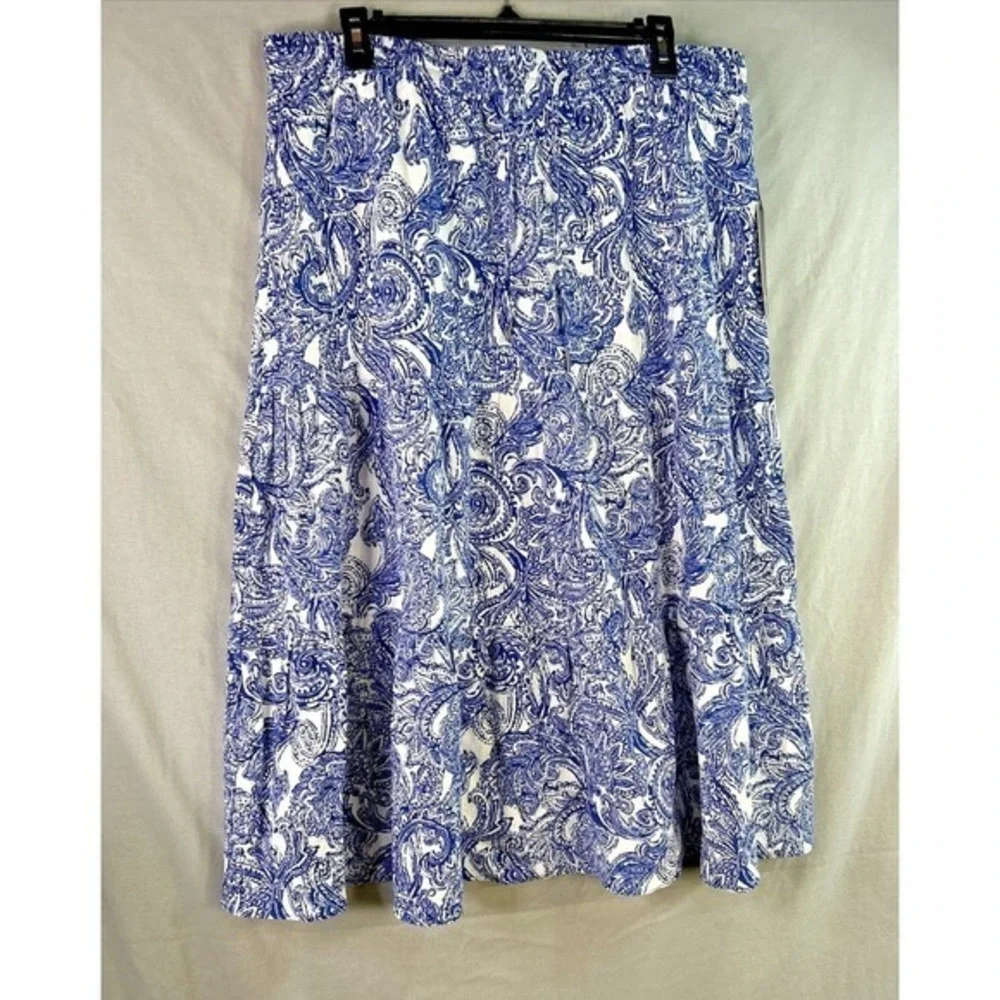 Jones New York Large Blue White Paisley Linen Blend‎ Tiered Midi Skirt